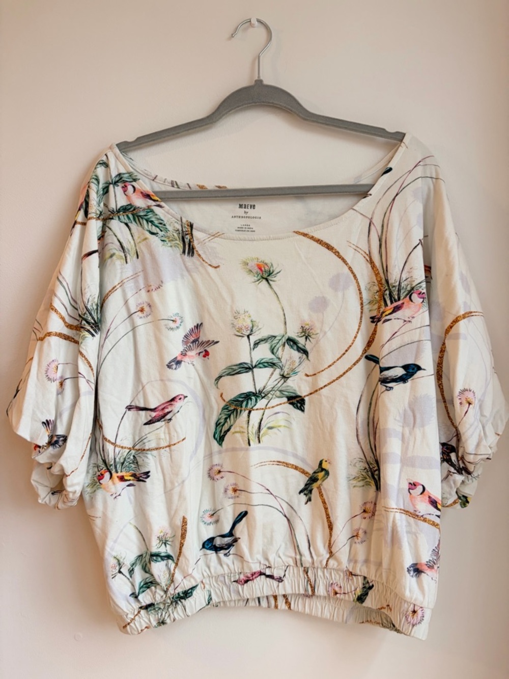 Maeve by Anthropologie Cream Botanical & Bird Print Short Sleeve Shirt